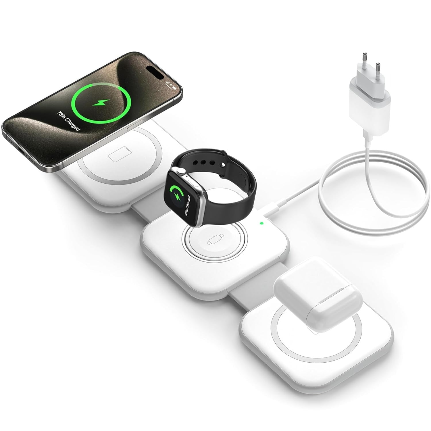 MagTrio: 3-in-1 Foldable MagSafe & Qi2 Compatible Wireless Charger with 15W Fast Charging for iPhone, AirPods & Apple Watch