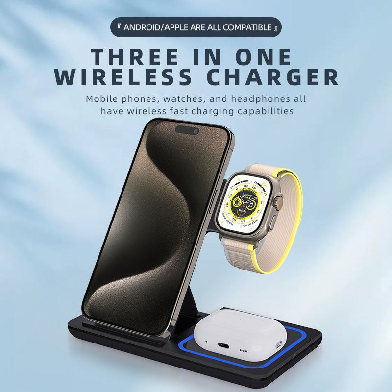 Multifunctional Foldable Wireless Charger 15W Fast Wireless Charging Cub 3 in 1 Stand Charger Station for Phone Watch Earphones