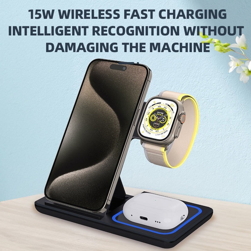 Multifunctional Foldable Wireless Charger 15W Fast Wireless Charging Cub 3 in 1 Stand Charger Station for Phone Watch Earphones