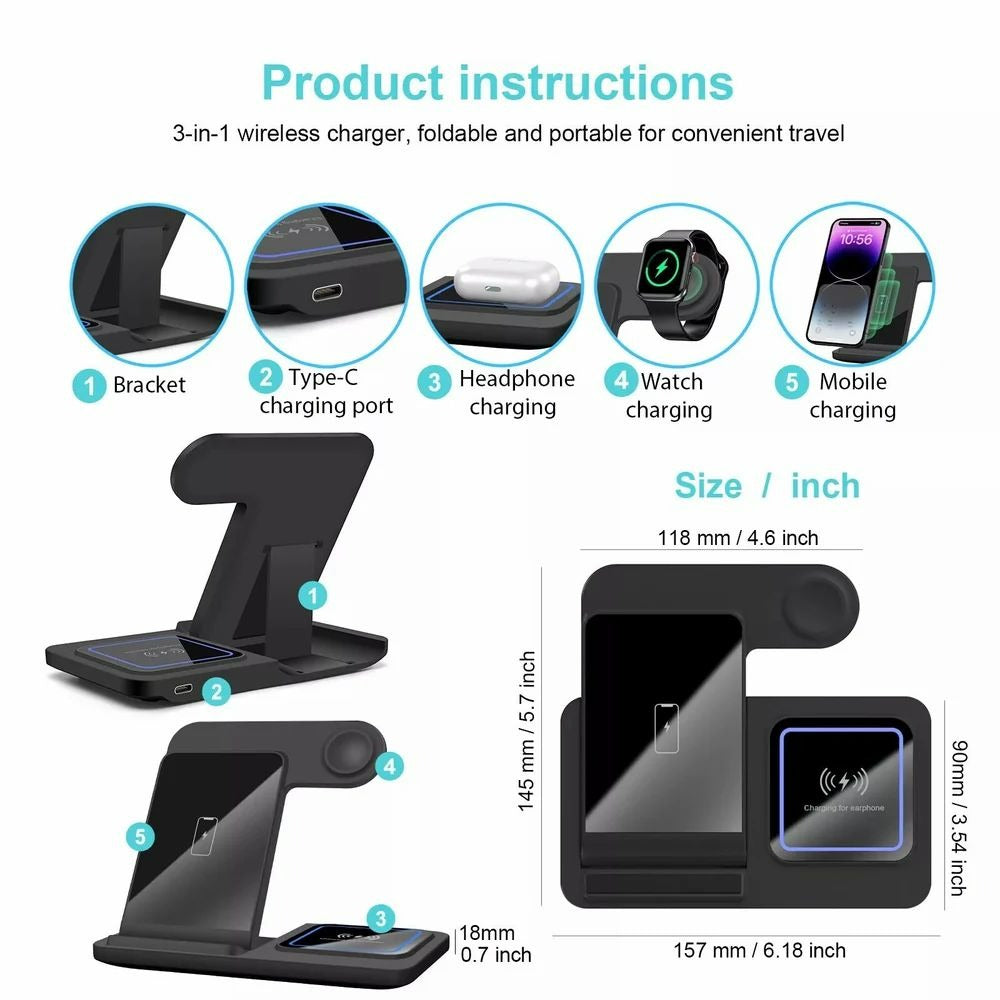 Multifunctional Foldable Wireless Charger 15W Fast Wireless Charging Cub 3 in 1 Stand Charger Station for Phone Watch Earphones